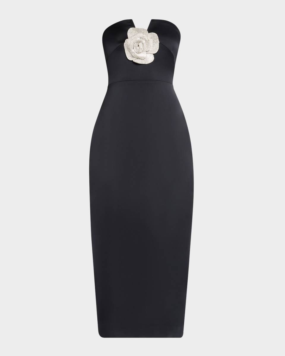 Denisa Strapless Rhinestone Applique Midi Dress